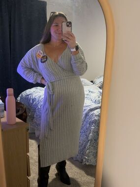 SHEIN Light Gray Ribbed Wrap Midi Split Dress